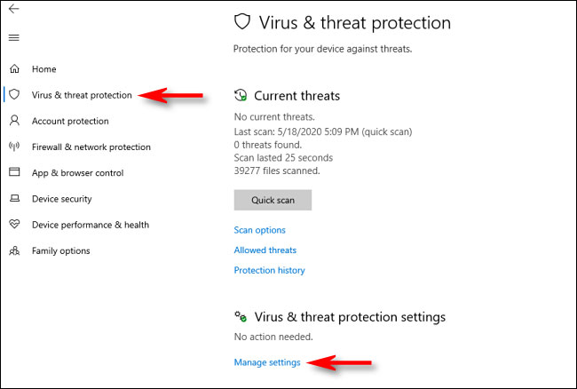 Trong Windows Security, điều hướng đến Virus & Threat Protection
