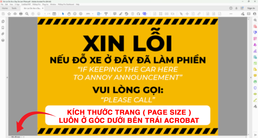 Kích thước trang ( Page Size ) luôn ở góc dưới bên trái Acrobat